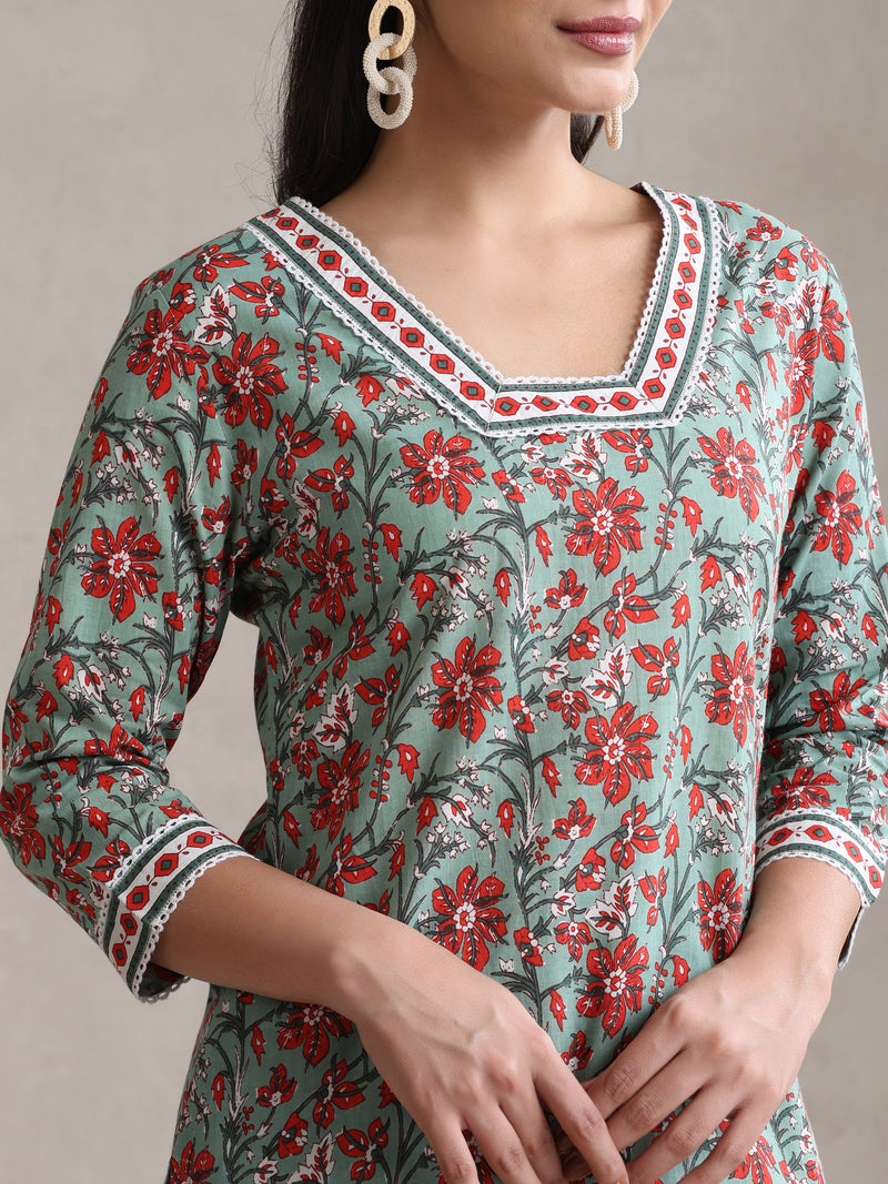Floral Printed Cotton V-Neck Tunic With Trouser Co-Ords