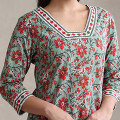 Floral Printed Cotton V-Neck Tunic With Trouser Co-Ords