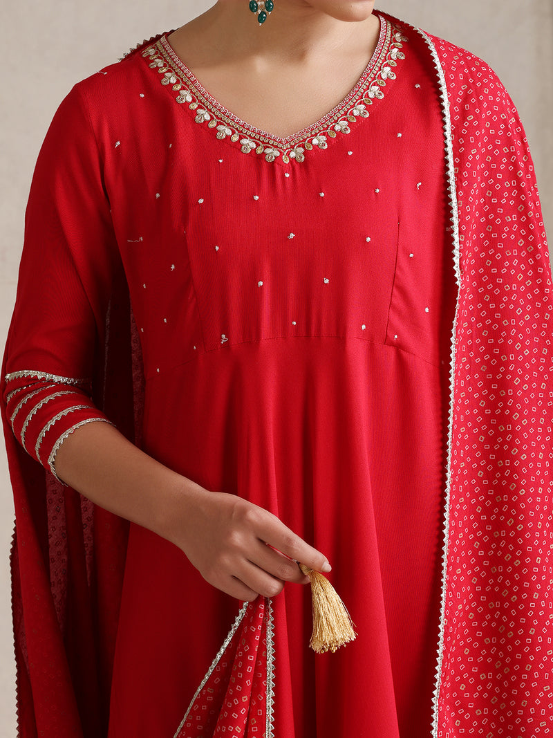 Khushal K  Red v-Neck Anarkali Rayon Kurta kurta set