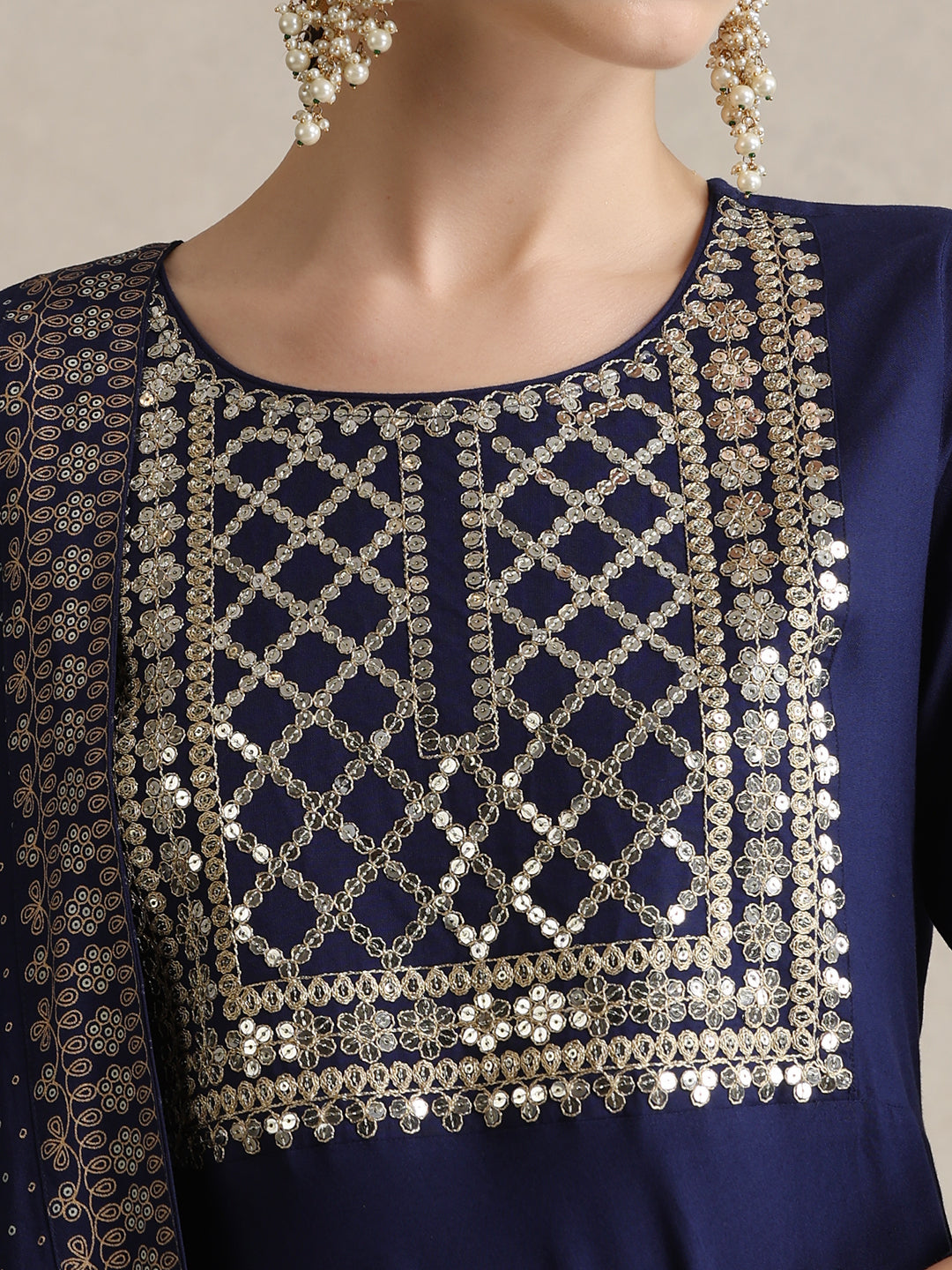 Floral Embroidered Sequinned Round Neck Anarkali Kurta With Palazzos & Dupatta