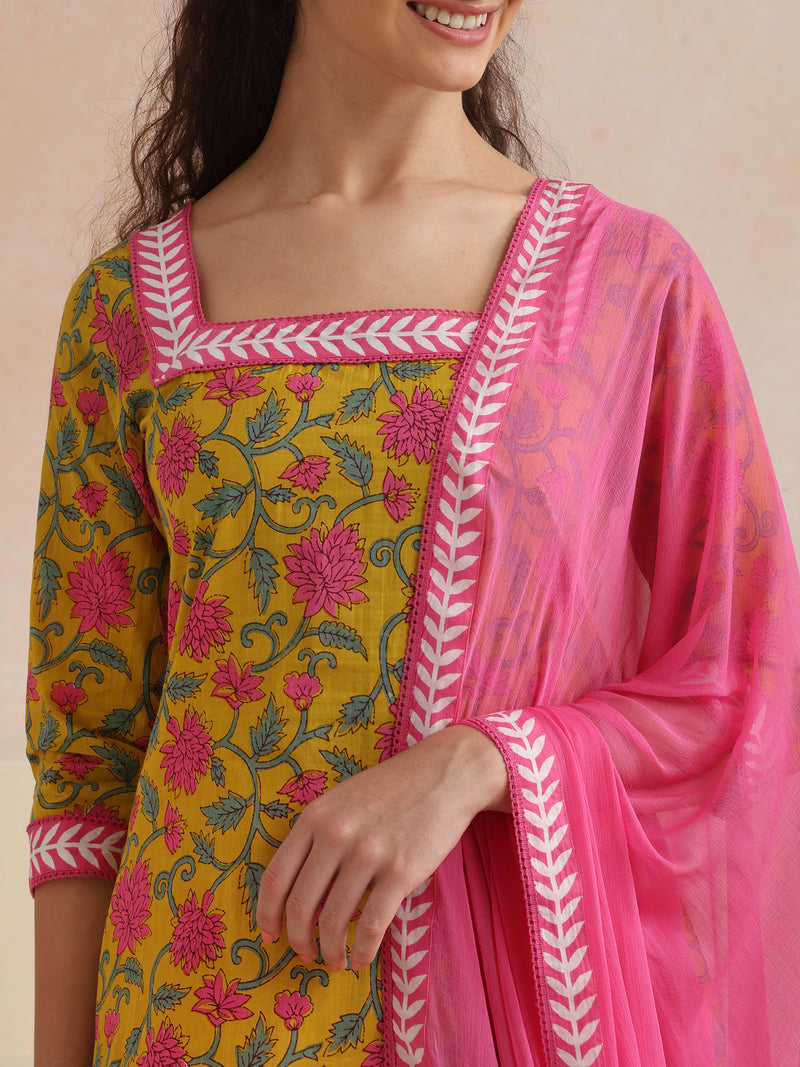 Khushal K Women Cotton Kurta Palazzo Dupatta Set - Yellow