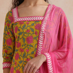 Khushal K Women Cotton Kurta Palazzo Dupatta Set - Yellow