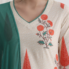 Floral Printed V-Neck Pure Cotton Kurti with Palazzos & Dupatta