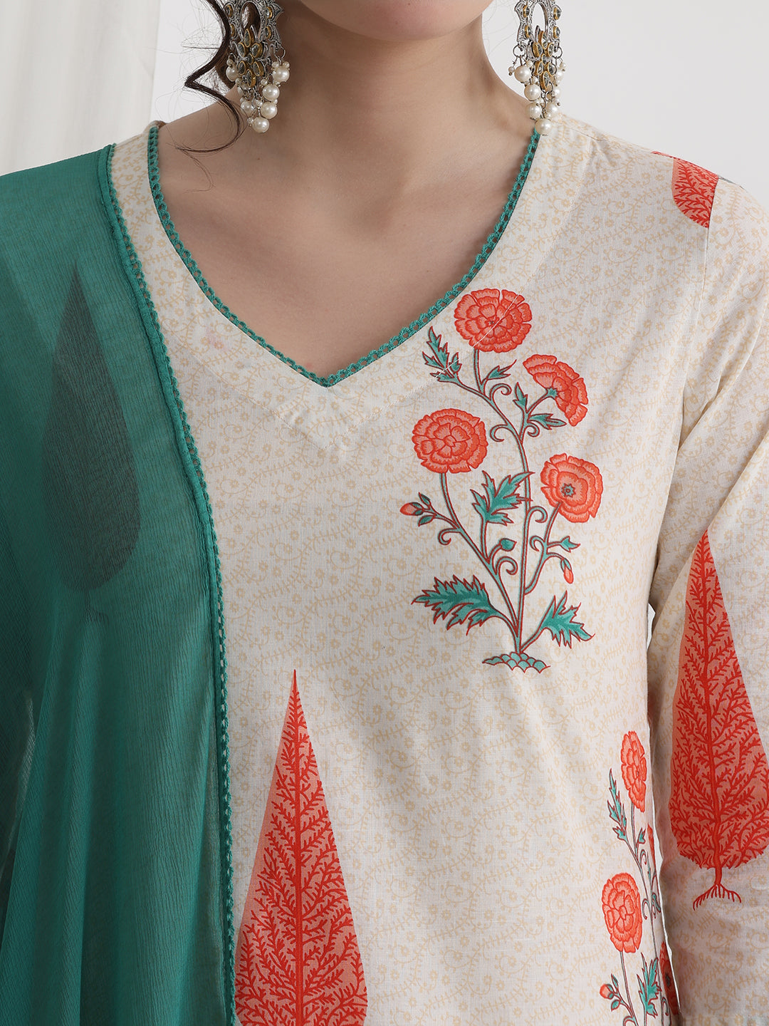 Floral Printed V-Neck Pure Cotton Kurti with Palazzos & Dupatta
