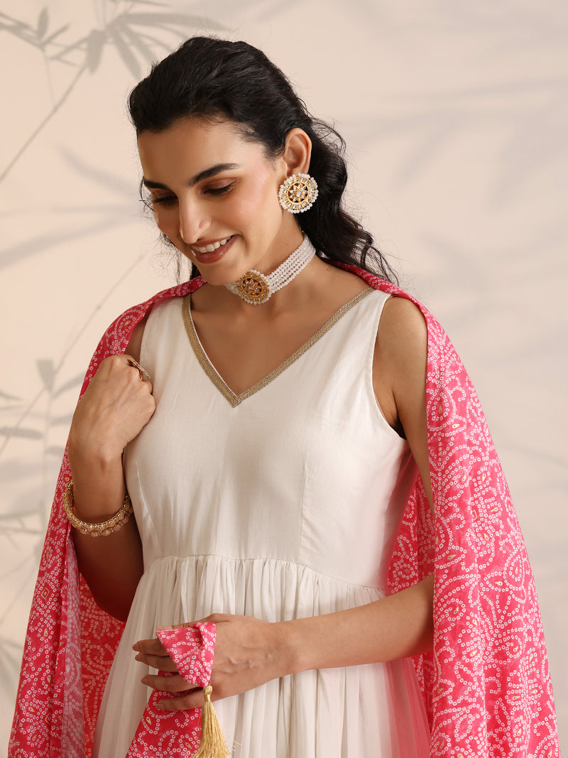 Khushal K Women Cotton Kurta and Palazzo With Dupatta Set - White