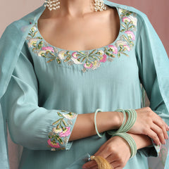 Khushal K Women Pure Silk turquoise blue Embroidered Kurta & Palazzo With Dupatta