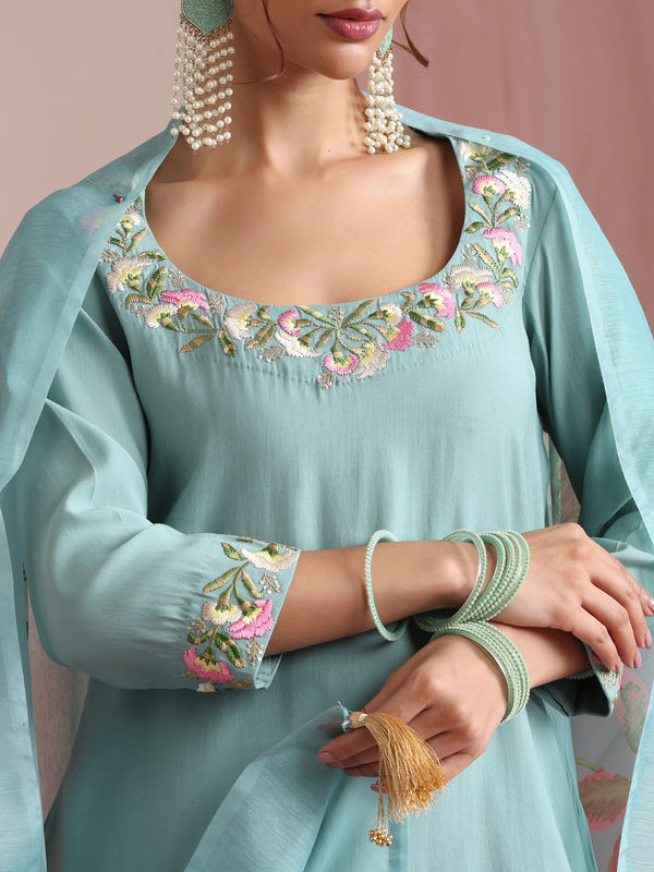 Khushal K Women Pure Silk turquoise blue Embroidered Kurta & Palazzo With Dupatta