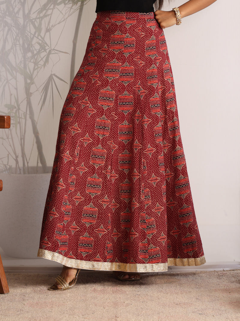 Khushal K Womens Cotton Printed Skirts - Maroon
