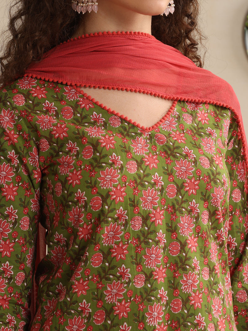 Khushal K Women Floral Printed Regular Pure Cotton Green Kurta & Palazzo With Dupatta