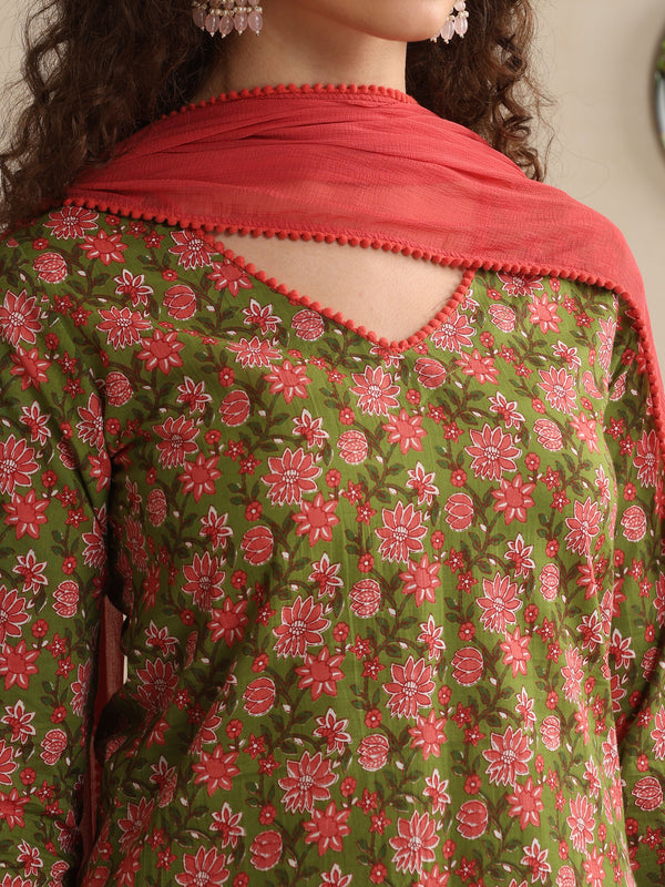 Khushal K Women Floral Printed Regular Pure Cotton Green Kurta & Palazzo With Dupatta