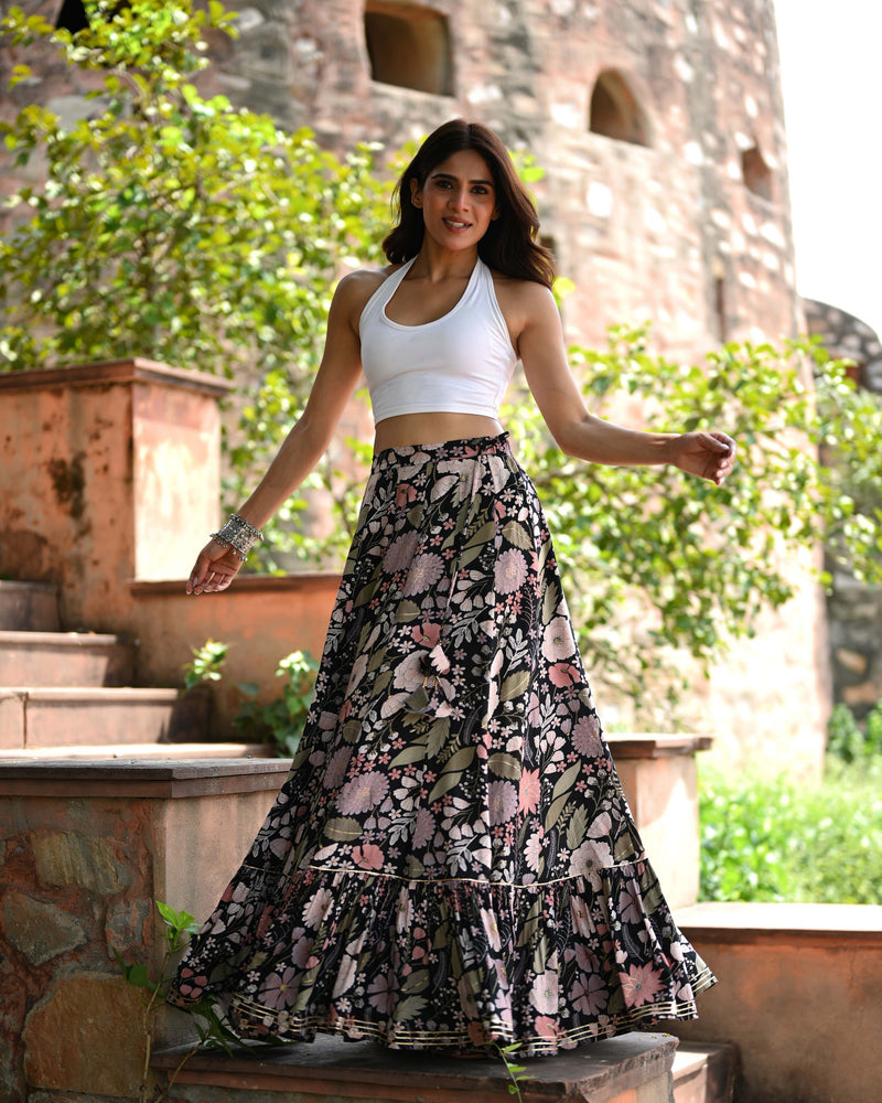 Khushal K Women's Black Printed Cotton Flared Maxi Skirt