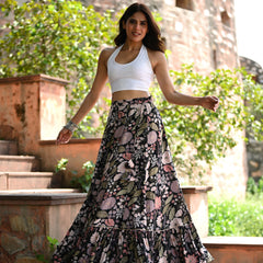 Khushal K Women's Black Printed Cotton Flared Maxi Skirt