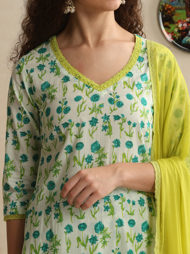Khushal K Women Floral Printed Regular Pure White Cotton Kurta & Palazzo With Dupatta