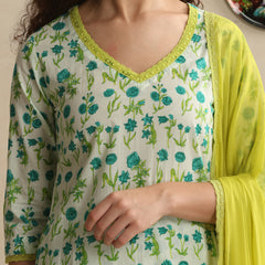 Khushal K Women Floral Printed Regular Pure White Cotton Kurta & Palazzo With Dupatta