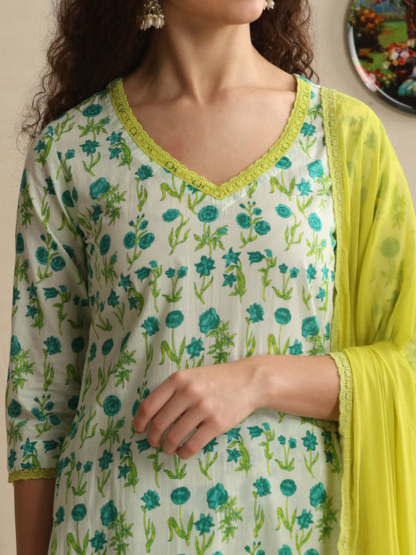 Khushal K Women Floral Printed Regular Pure White Cotton Kurta & Palazzo With Dupatta