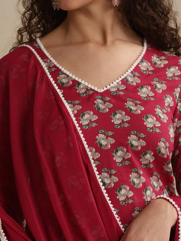 Khushal K Women Pink Floral Printed Regular Pure Cotton Kurta & Palazzo With Dupatta