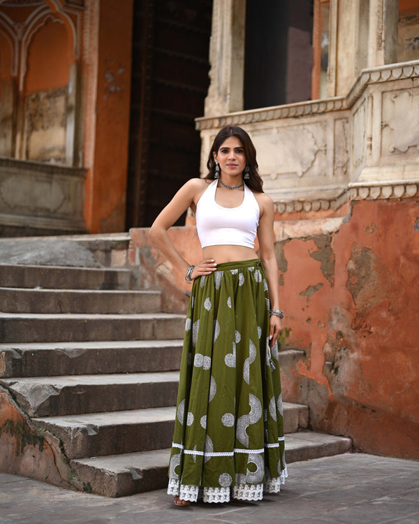 Khushal K Women's Green Printed Cotton Flared Maxi Skirt