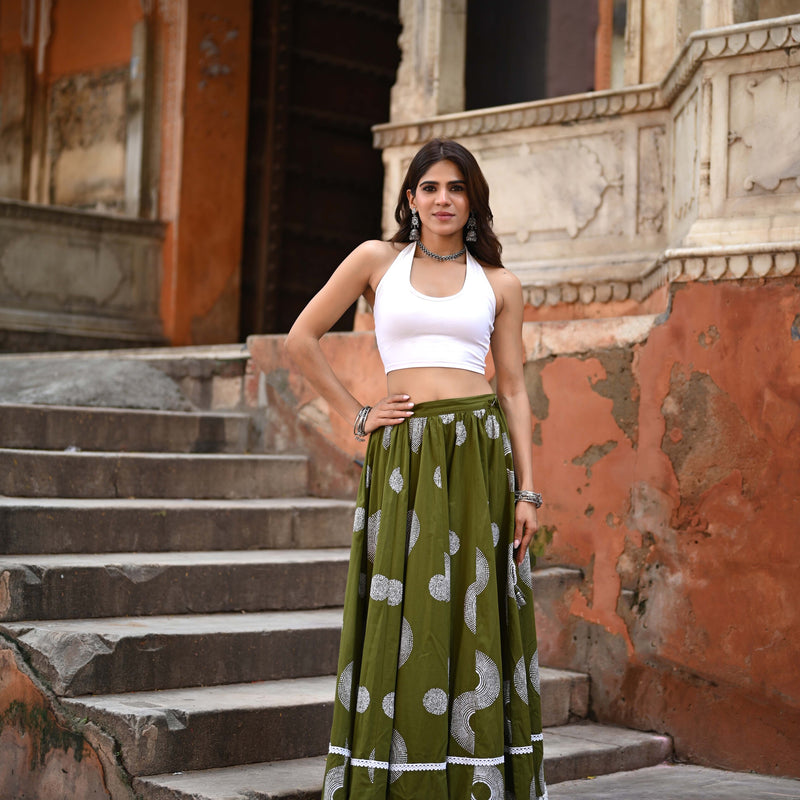 Khushal K Women's Green Printed Cotton Flared Maxi Skirt