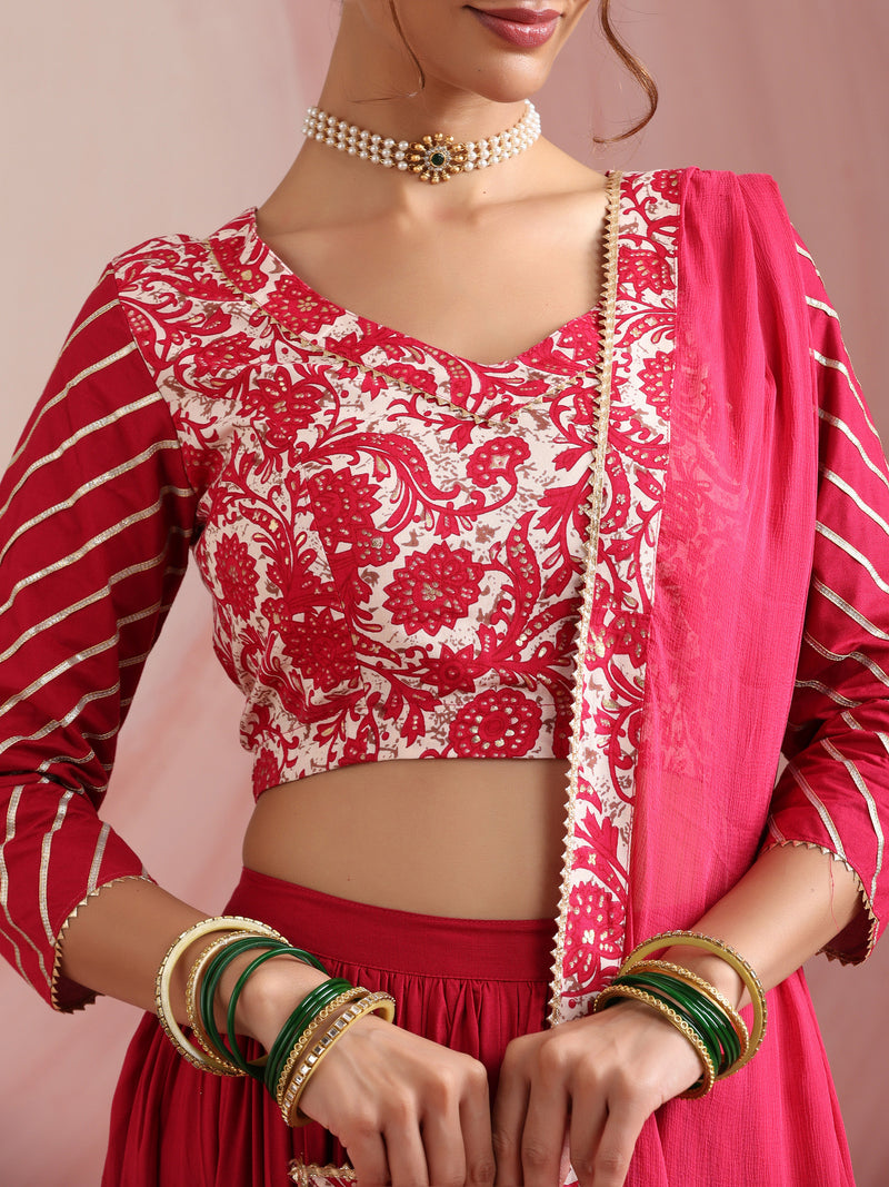 Pink Floral Printed Gotta Patti Ready to Wear Lehenga & Choli With Dupatta