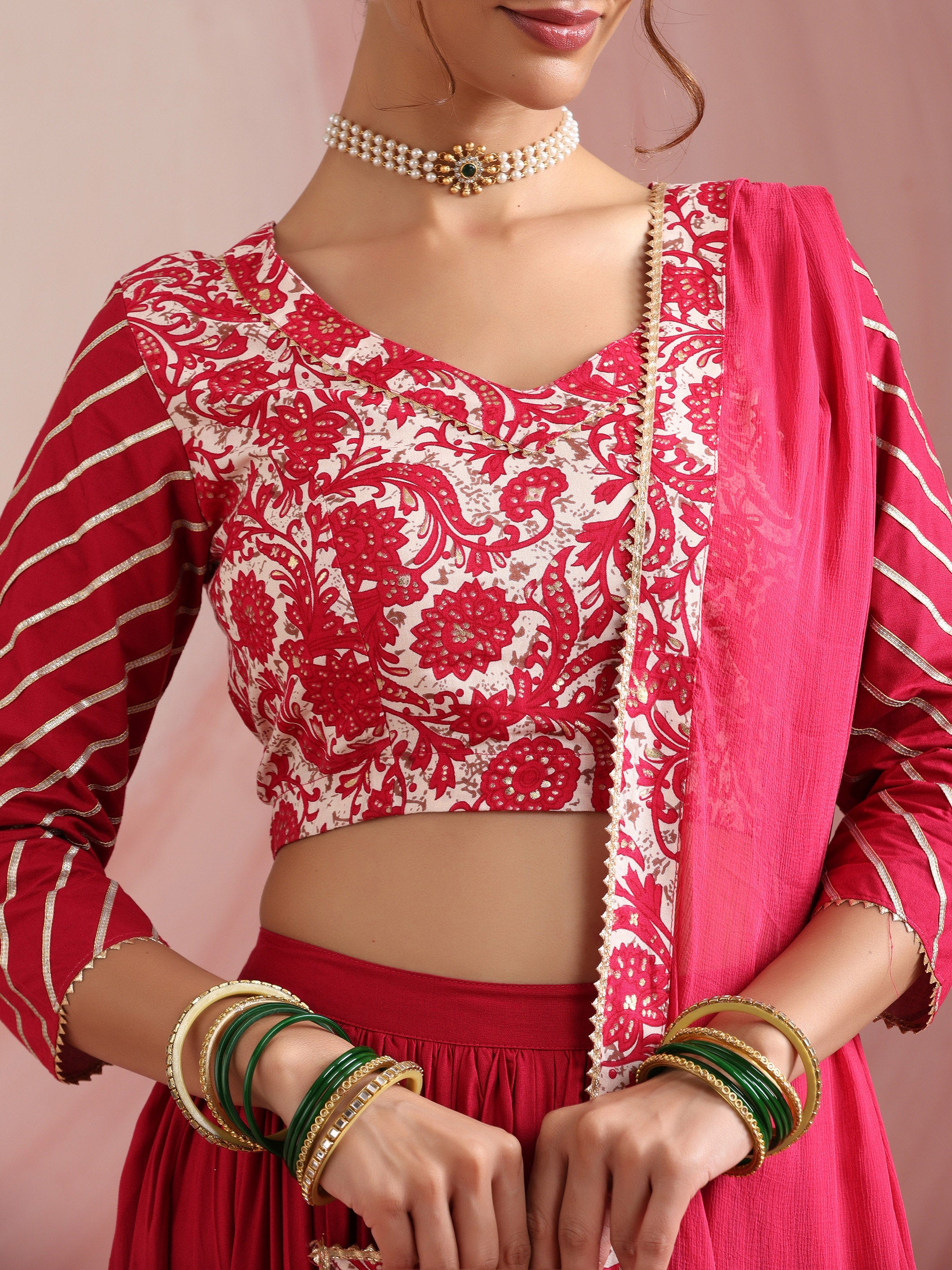 Pink Floral Printed Gotta Patti Ready to Wear Lehenga & Choli With Dupatta