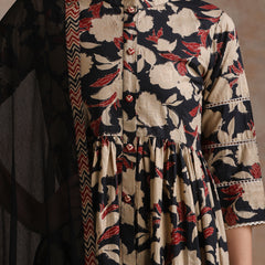 Floral Printed Mandarin Collar Pure Cotton Anarkali Kurta & Palazzos And Dupatta