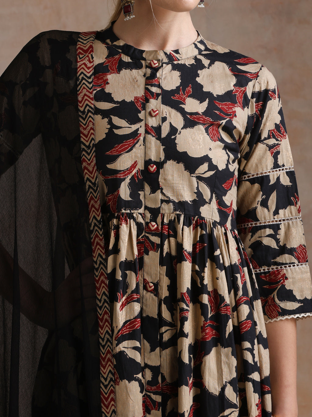 Floral Printed Mandarin Collar Pure Cotton Anarkali Kurta & Palazzos And Dupatta