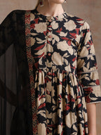 Floral Printed Mandarin Collar Pure Cotton Anarkali Kurta & Palazzos And Dupatta