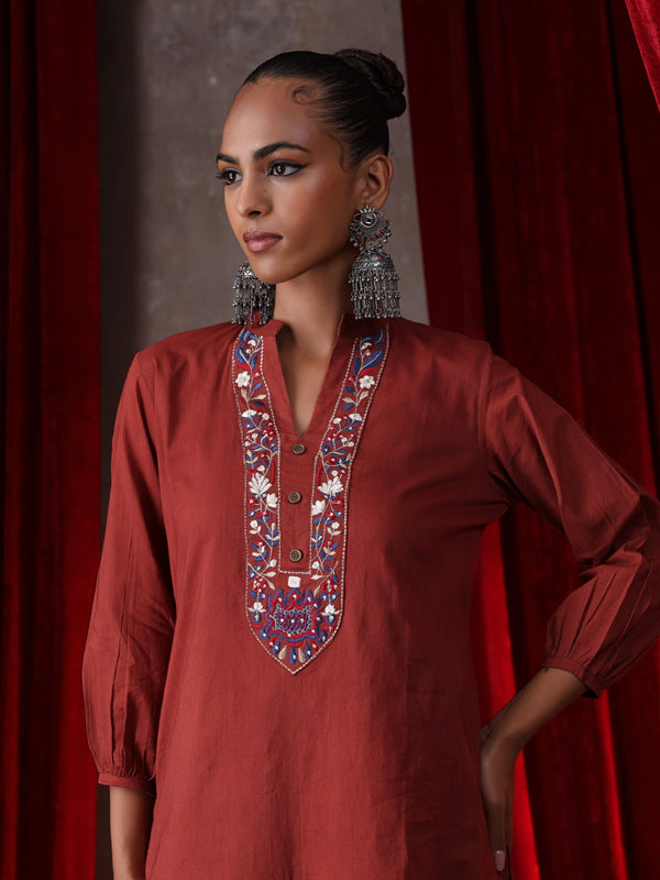 Khushal K Women Cotton kurta and Farsi salwar set - Rust