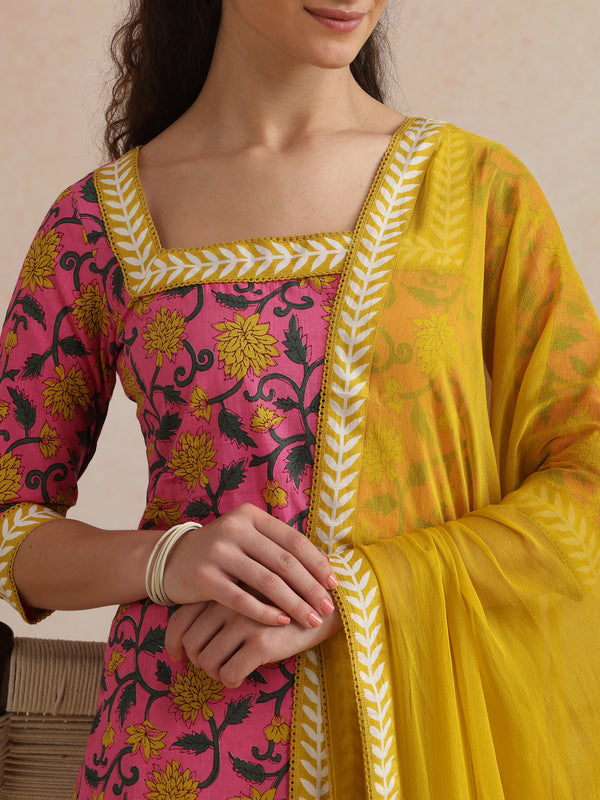 Khushal K Women Cotton Kurta Palazzo Dupatta Set - Pink