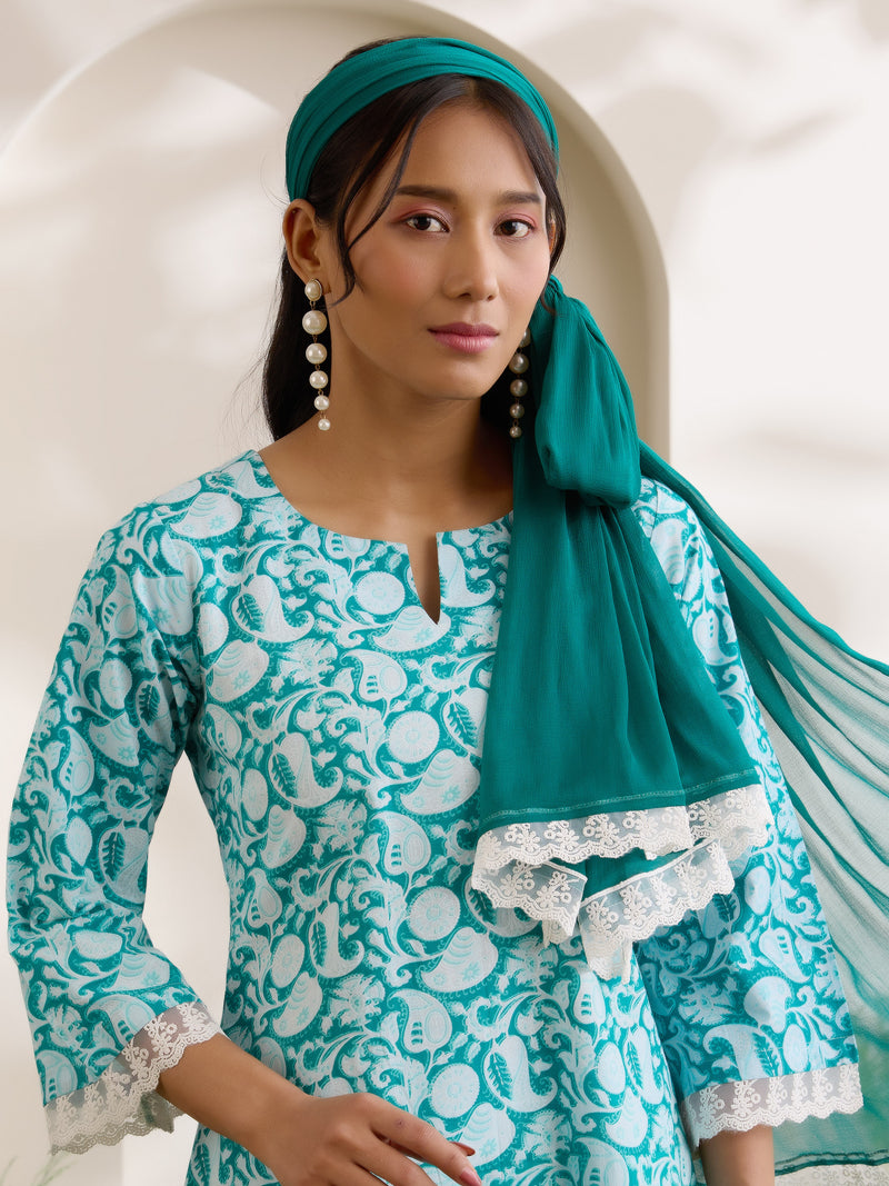 Khushal K Women Cotton Kurti And Farshi Salwar  With Dupatta Set - Green