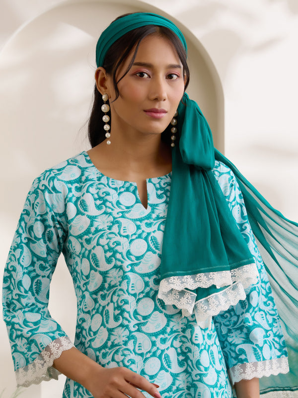 Khushal K Women Cotton Kurti And Farshi Salwar  With Dupatta Set - Green
