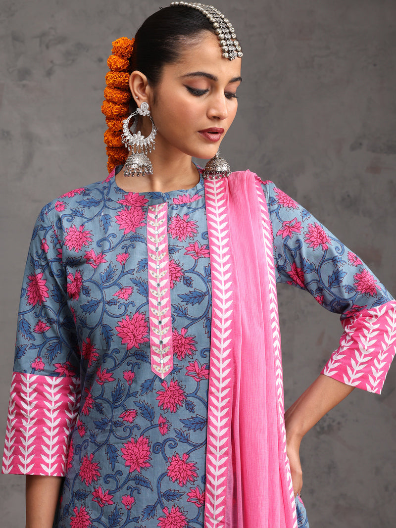 Khushal K Women Cotton Kurta Palazzo Dupatta Set - Blue