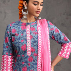 Khushal K Women Cotton Kurta Palazzo Dupatta Set - Blue