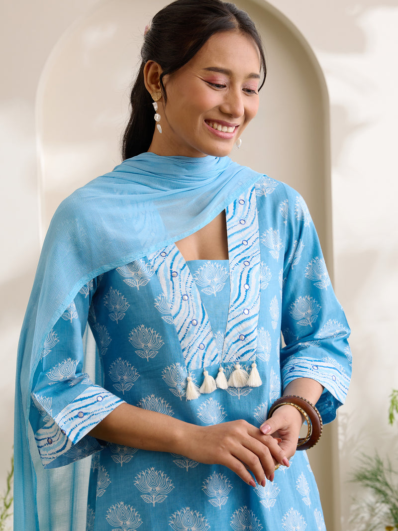 Khushal K Women Cotton Kurta And Palazzo With Dupatta Set - Blue