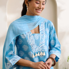 Khushal K Women Cotton Kurta And Palazzo With Dupatta Set - Blue