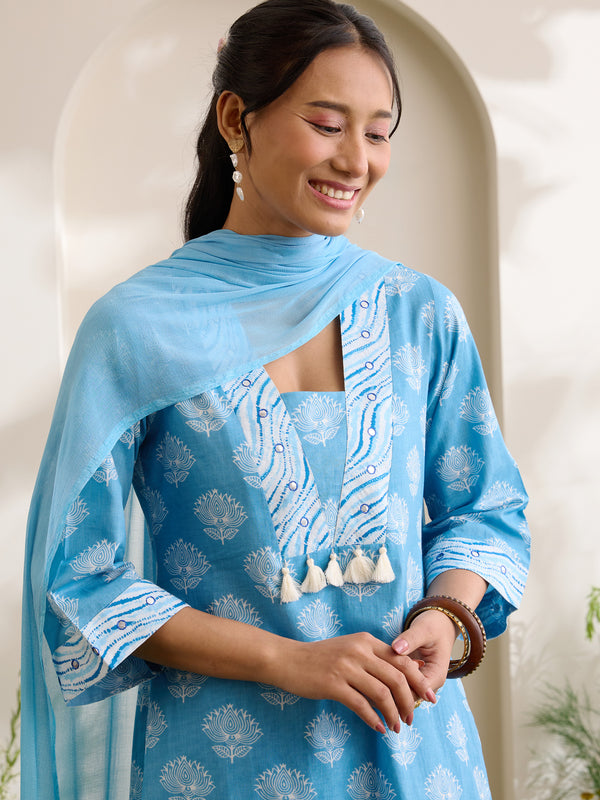 Khushal K Women Cotton Kurta And Palazzo With Dupatta Set - Blue