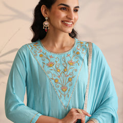 Khushal K Women Cotton Kurta and Palazzo With Dupatta Set - Turquoise Blue