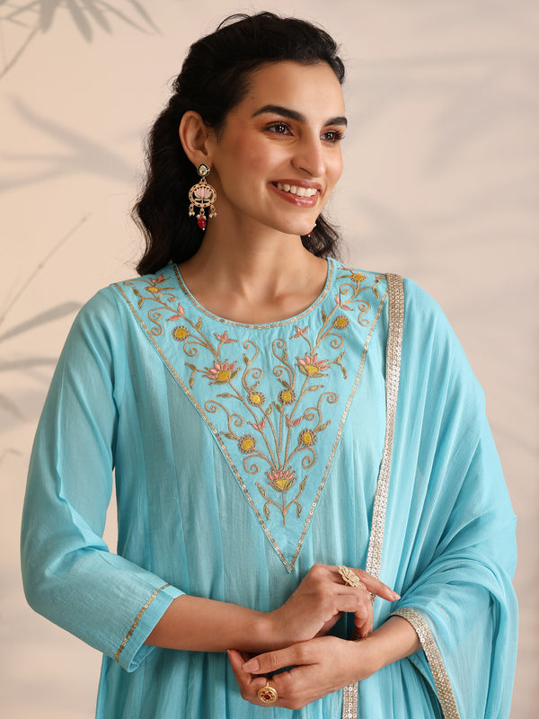 Khushal K Women Cotton Kurta and Palazzo With Dupatta Set - Turquoise Blue