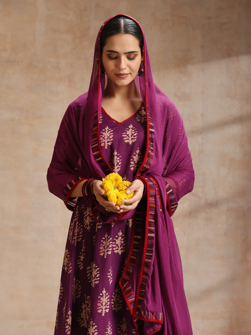 Purple, maroon & gold-toned printed kurta with trouser & dupatta