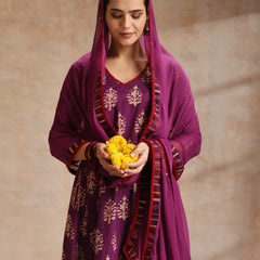 Purple, maroon & gold-toned printed kurta with trouser & dupatta