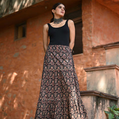 Khushal K Women's Black Printed Cotton Flared Maxi Skirt