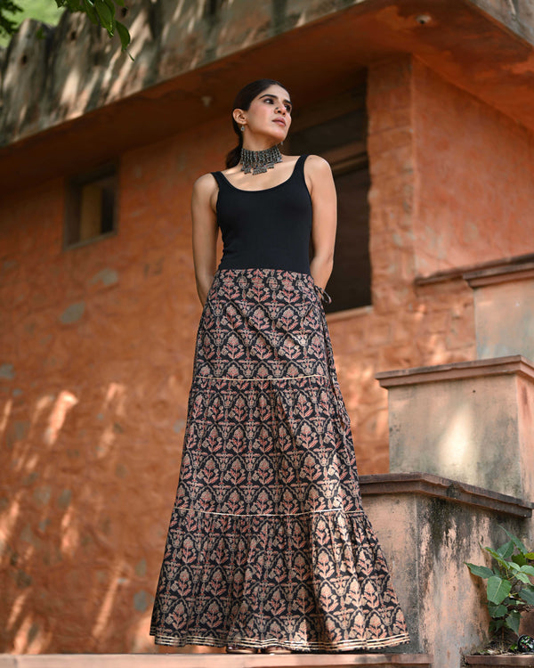 Khushal K Women's Black Printed Cotton Flared Maxi Skirt