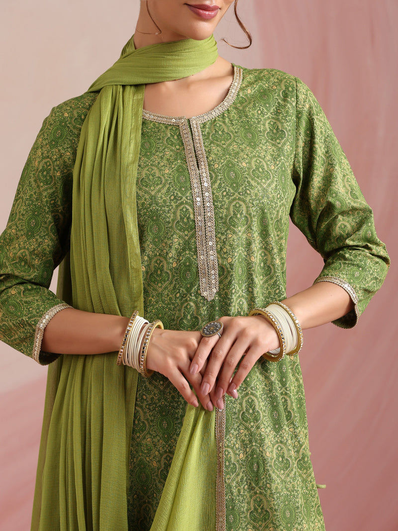 Ethnic Motifs Printed Round Neck Thread Work Kurta With Palazzos & Dupatta
