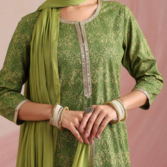 Ethnic Motifs Printed Round Neck Thread Work Kurta With Palazzos & Dupatta
