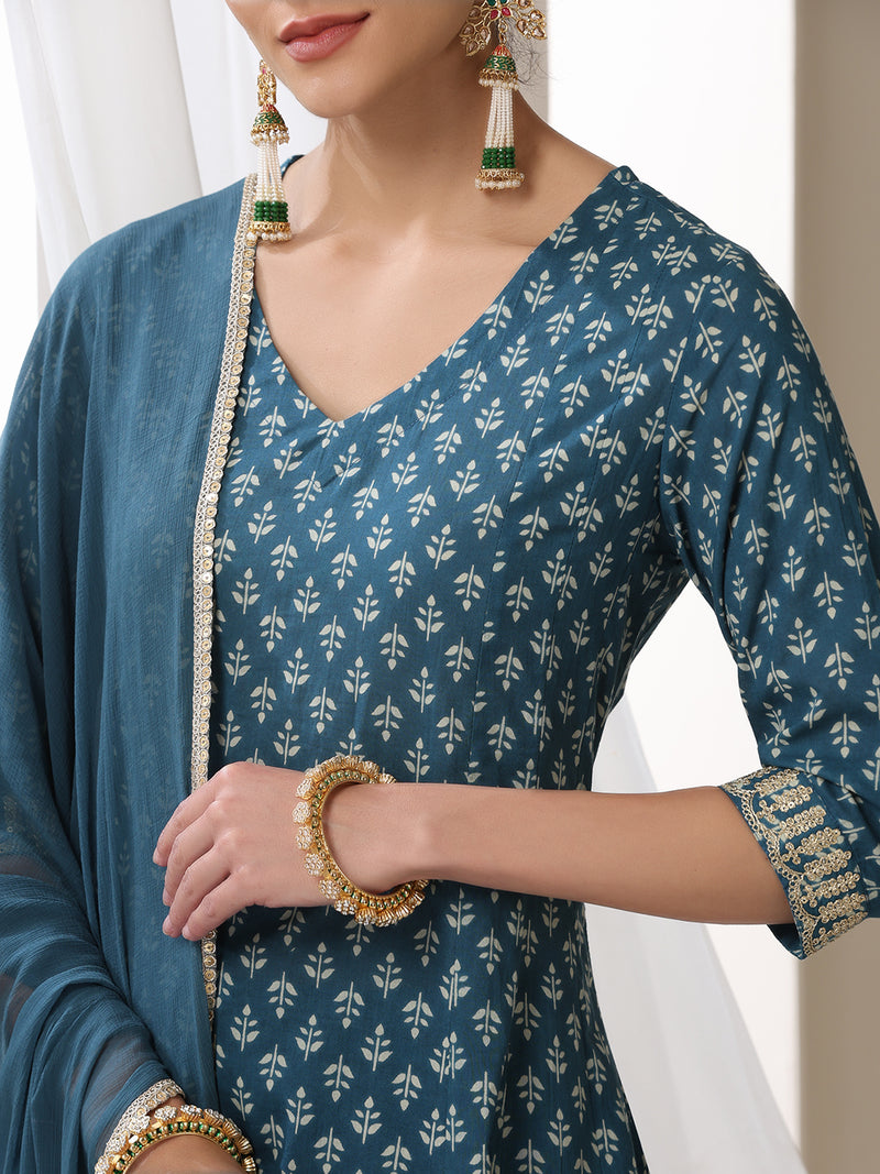 Women Floral Printed Cotton Kurta with Palazzo & Dupatta