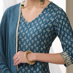 Women Floral Printed Cotton Kurta with Palazzo & Dupatta