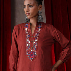 Khushal K Women Cotton kurta and Farsi salwar set - Rust