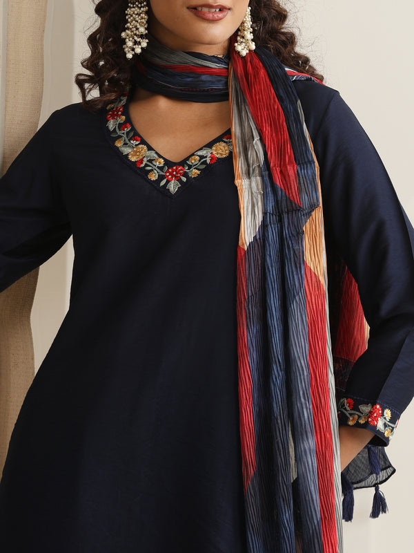 Khushal K Women Pure Silk blue Embroidered Kurta & Palazzo With Dupatta
