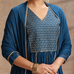 Ethnic Motifs Printed Thread Work Kurta With Trousers & Dupatta