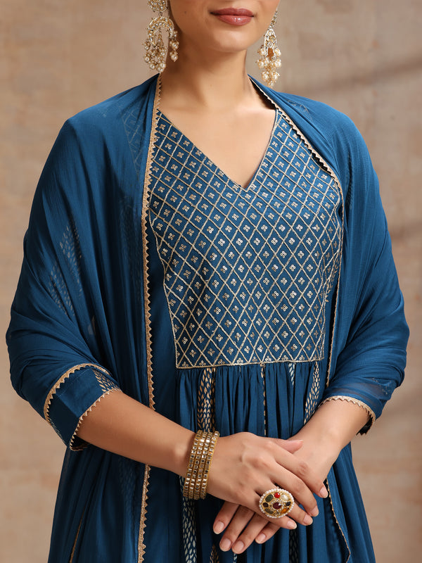 Ethnic Motifs Printed Thread Work Kurta With Trousers & Dupatta